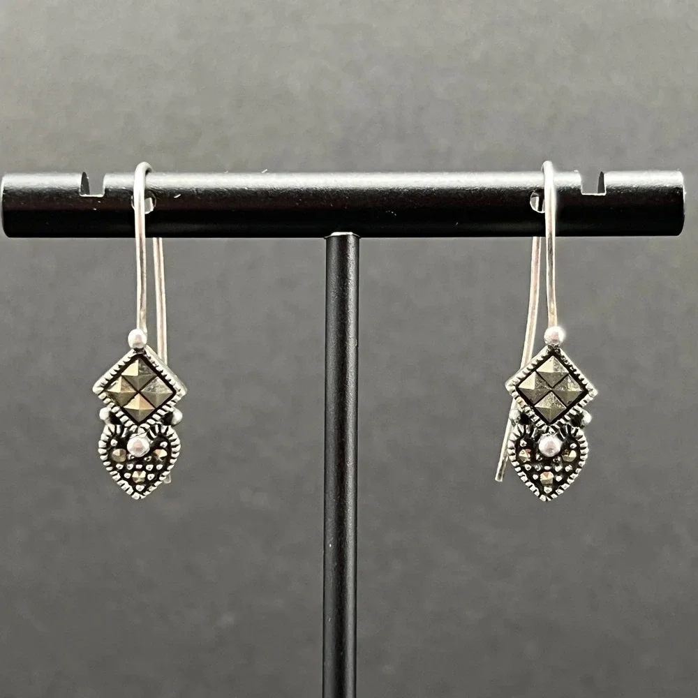 Vintage Sterling Silver Earrings Heart Marcasite Geometric